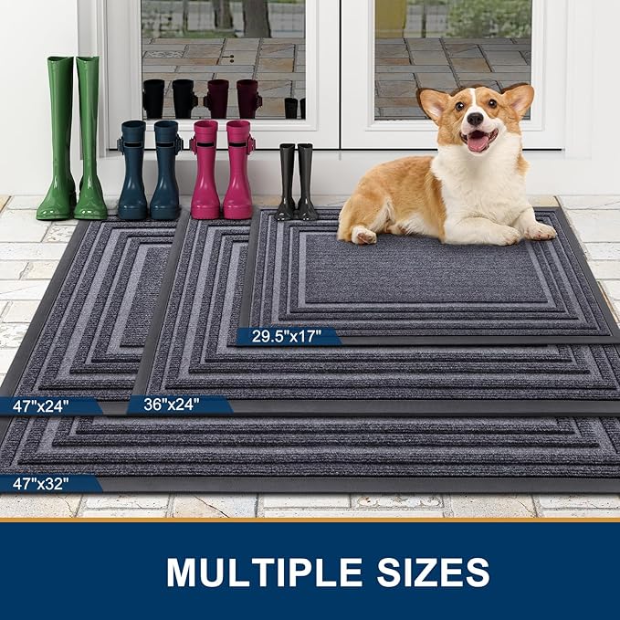 Buganda Front Door Mat Indoor Outdoor Entrance, Non-Slip Natural Rubber Doormats, Easy Clean, Low Profile, Dirt Trapper Entryway Floor Mats for Outside, Garages and Patios, 29.5x17, Grey