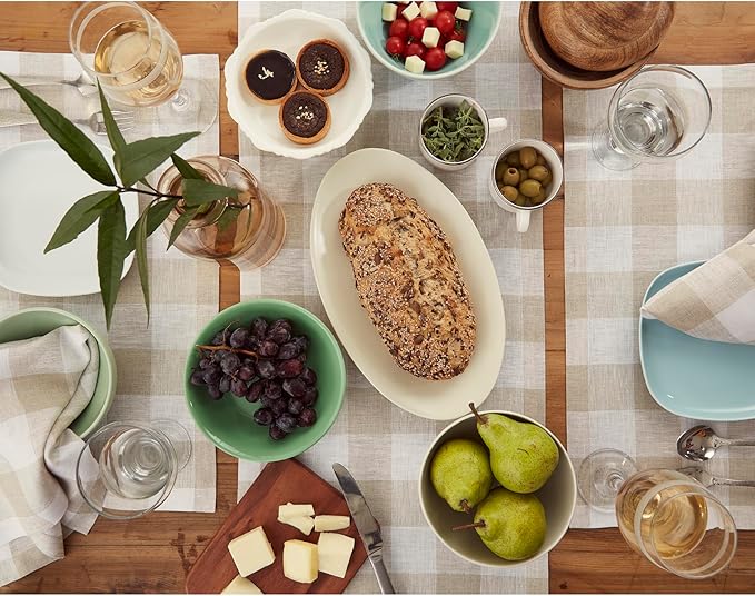 Solino Home Linen Checkered Table Runner 132 Inches Long - 100% Pure Linen Natural and White Buffalo Check Extra Long Table Runner 14 x 132 Inch Ideal for Dining, Winter, Spring, Easter