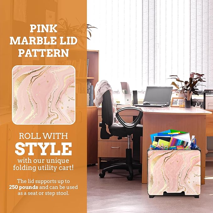 Inspired Living Collapsible Ultra-Slim Pack-N-Roll,2 Wheel Utility Cart w/Lid Used as Seat up to 250 Lbs, Telescopic Handle, Super Strong, for Home,Garden,Shopping,Office,School, Large, Pink Marble