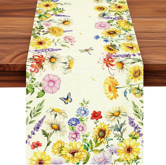 Tulip Lavender Spring Table Runner, Summer Seasonal Holiday Anniversary Kitchen Table Decorations, Indoor Outdoor Home Party Decor (Colorful Sunflowers, 13×72 Inches)