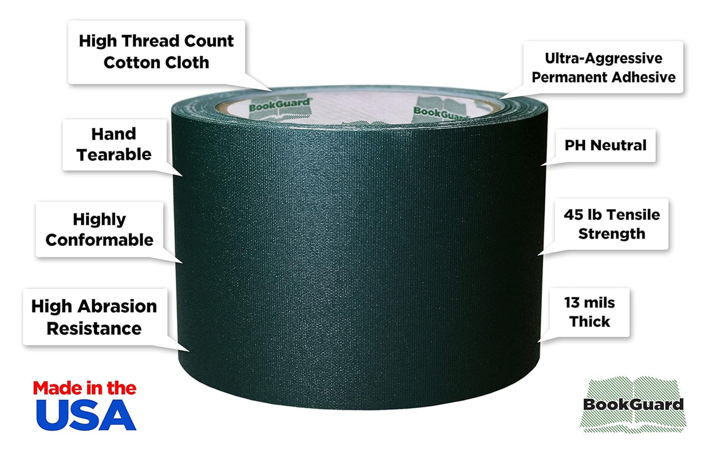 BookGuard 3 inch Premium Bookbinding Repair Cloth Tape, 15 Yard Roll, Forest Green