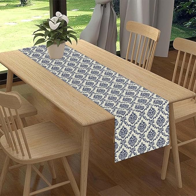 Damask Table Runner, Rustic Gothic Baroque Style Floral Bohemian Boho Blue Flower Antique Vintage Coffee Table Center Decor for Kitchen and Dining Outdoor Country Party Table Decorations, 13"x36"