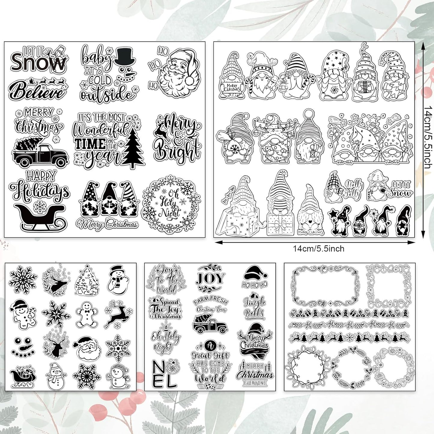 Whaline 5 Sheet Christmas Clear Stamps Wreath Snowman Gnome Silicone Transparent Stamps Greeting Words Border Stamp Cards for DIY Craft Card Making Scrapbooking Embossing Album Decor
