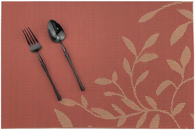 Gugrida Place Mats PVC Set of 6, Table Placemats Set of 6 PVC Woven Vinyl Place Mats Table Mats Natural Color (6 pcs, Oriange Leaves)