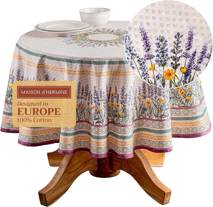 Maison d' Hermine Table Cloth Round Table 100% Cotton 63 Inches Tablecloth Reusable Decorative Everyday Use for Dining Room, Farmhouse, Home, Party, Festive & Wedding Spring Summer - Fanny Lavender