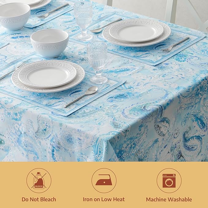 Maison d' Hermine Premium Table Cloth Rectangle Table 100% Combed Cotton 120 x 70 Inches Tablecloth Reusable Decorative for Dining Room, Farmhouse, Home, Party, Festive & Wedding - Paisley Blues