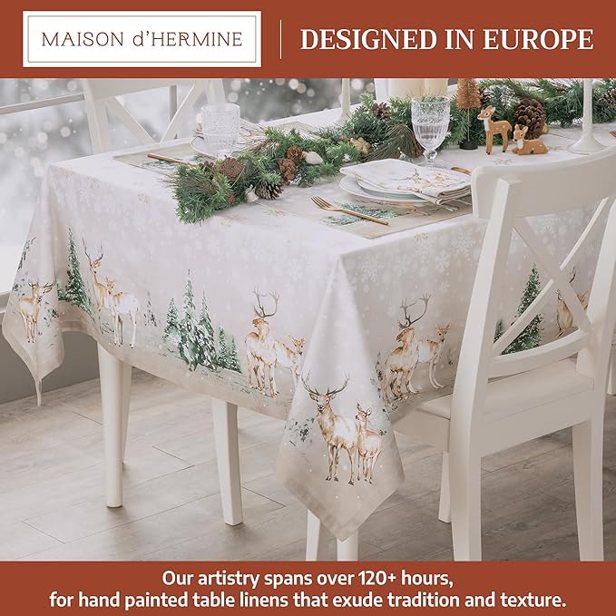Maison d' Hermine Table Cloth Rectangle Table 100% Cotton 70 x 108 Inches Fall Tablecloth Reusable Everyday Use for Thanksgiving Christmas Decorations Dining Farmhouse Party (Deer in The Woods)