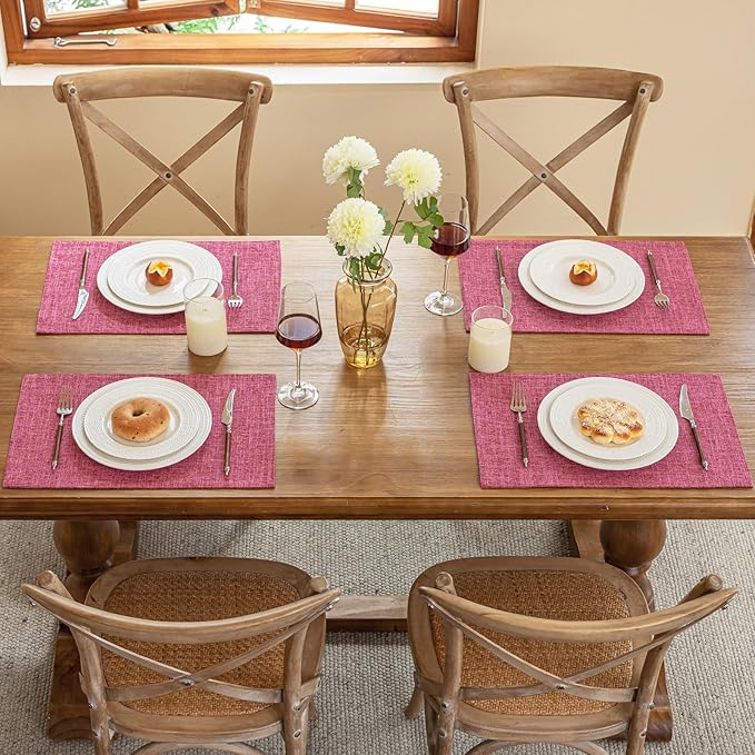 Blue Forest Placemats Set of 8, Dual-Layered Thickened Faux Linen Cloth Place Mats Heat Resistant Machine Washable Wrinkle Free Table Mats Indoor/Outdoor (Hot Pink)