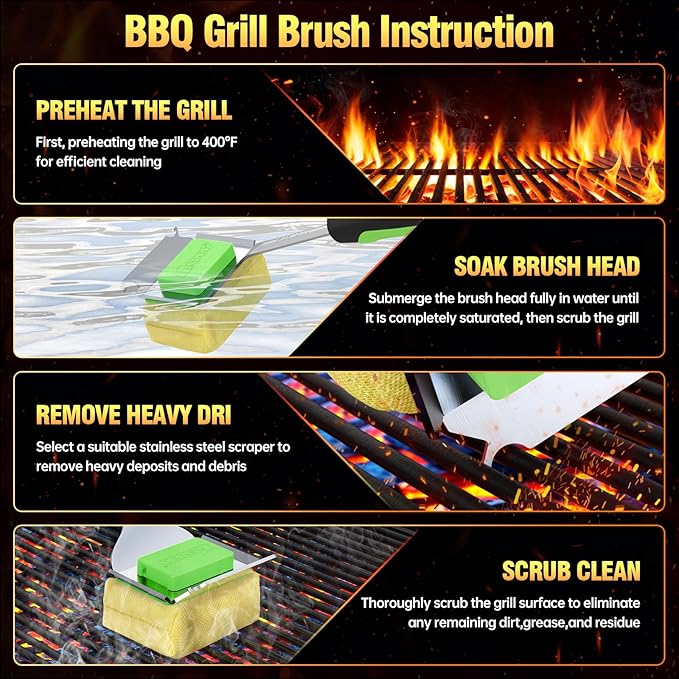 Grill Brush Bristle Free for Outdoor Grill, Steam Grill Cleaning Brush Replaceable BBQ Cleaner Brush Head,Extended Handle, Safe Grill Brush for Cast Iron Stainless-Steel Grates，Light Green