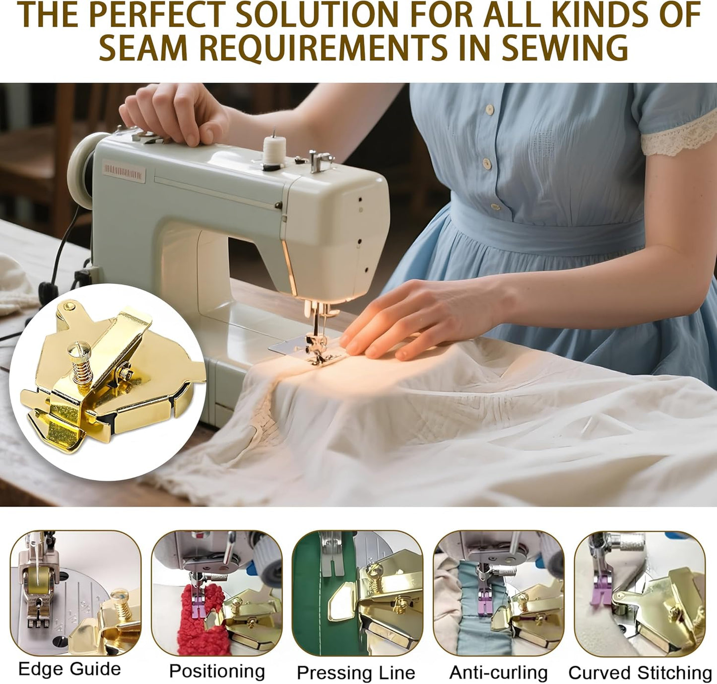 Magnetic Sewing Guide,Upgraded Multi-Purpose Magnetic Seam Guide for Sewing Machine,Quilting Accessory for Professionals&Beginner,Edge Retaining/Positioning/Anti-Curling/Pressing of Topstitching(Gold)