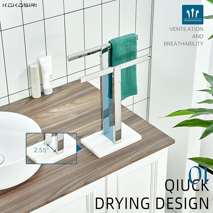 KOKOSIRI Hand Towel Holder Stand Towel Rack with Marble Base, Bathroom Kitchen Vanity Polished Stainless Steel Towel Bar 15.7'' Height THS0001-SM-CH