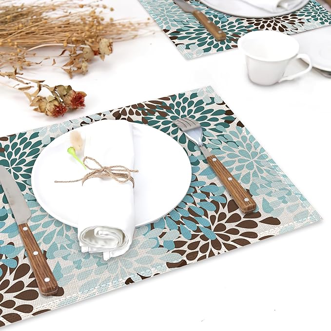 Blue Gray Dahlia Placemats Set of 6,Geometric Flowers Heat Resistant Table Mats Washable Place Mats for Party Kitchen Farmhouse Home Dining Holiday Decor 12x18 Inch