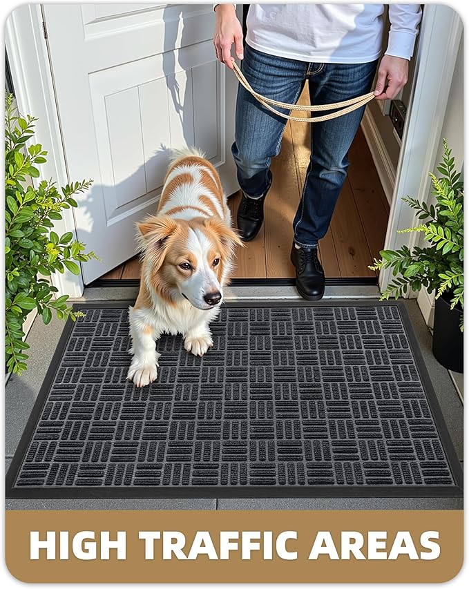 Color&Geometry Front Door Mat Outside Entrance, Heavy Duty Non Slip Low Profile Doormat for Entryway, Trap Dirt and Moisture Welcome Mats All-Weather, Easy Clean, Patio, Garage, 24"x48" Black