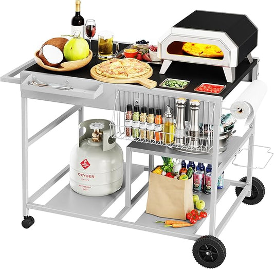JY QAQA Outdoor Pizza Oven Stand with Condiment Shelf, Outdoor Cooking Cart, Grill Worktable for Patio, Food Prep Station Fits Ninja Woodfire Grill, Cuisinart Grill, Blackstone Griddle