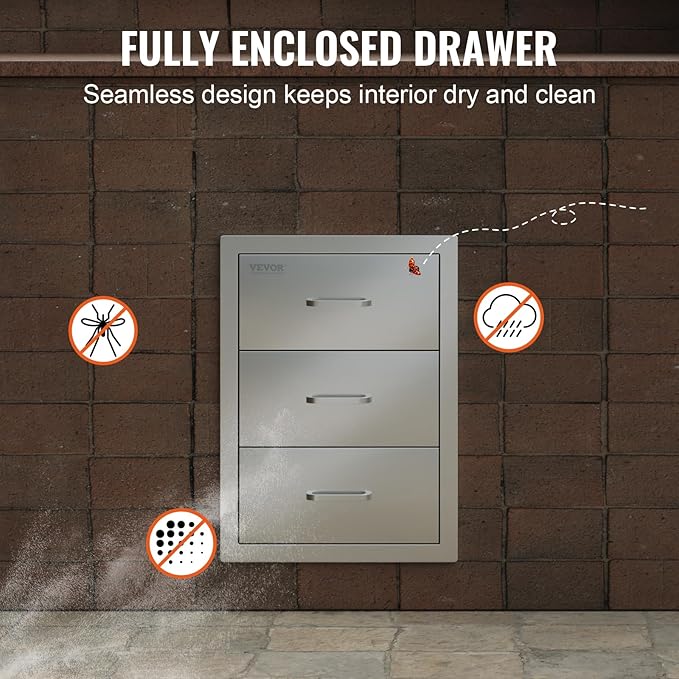 VEVOR Outdoor Kitchen Drawer Cabinets 16" W x 21.5" H x 18" D, BBQ Drawer Stainless Steel, Flush Mount Triple Access, with Handle, BBQ Island, Outdoor Grill Patio Grill Station