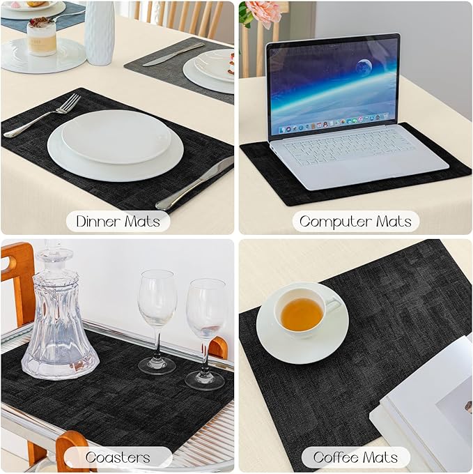 Romanstile Reversible Vinyl Placemats Set of 4, Faux Leather 100% Waterproof Oil-Proof Wipeable Place Mats, Heat Resistant Dual Sided Table Mats for Kitchen/Dining/Party (Grey Black, 12 x 17 Inch)