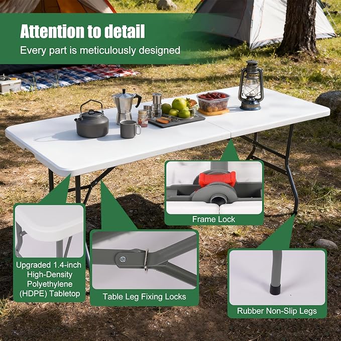FWTI Deal 6 Feet Foldable Table & Tablecloth Set, Built in Carrying Handle & Alloy Steel Legs, Heavy Duty Portable for Party, Dining, Wedding, Picnic, Camping, Utility - White (Table&Tablecloth)