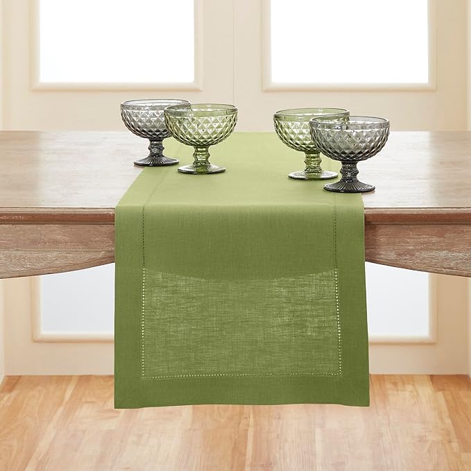 Solino Home Linen Moss Green Table Runner 132 Inches Long - 100% Pure Linen Extra Long Table Runner 14 x 132 Inch for Spring, Easter, St Patricks Day - Classic Hemstitch