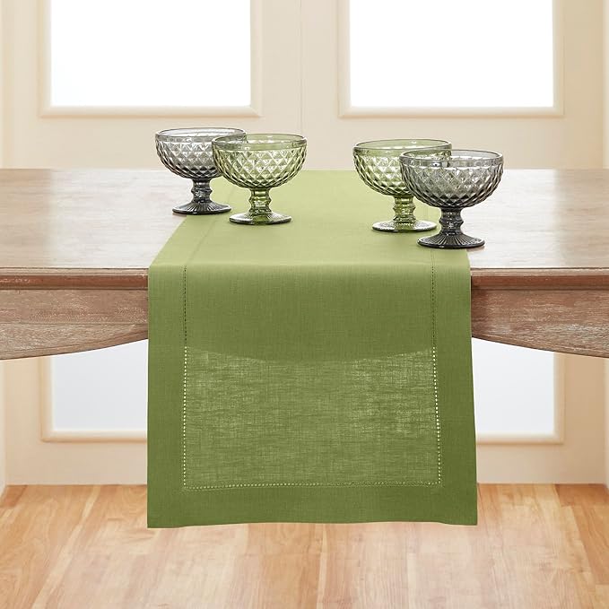 Solino Home Linen Moss Green Table Runner 156 Inches Long - 100% Pure Linen Extra Long Table Runner 14 x 156 Inch for Spring, St Patricks Day, Easter - Classic Hemstitch