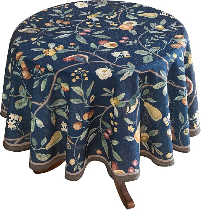 Linen 55 Inch Round Tablecloth,Wrinkle Resistant French Blue Tablecloth Print with Froal,Decor Stitch Table Cloth for Thanksgiving,Dining Room,Home,Kitchen Diameter 55"-DeweyA Blue