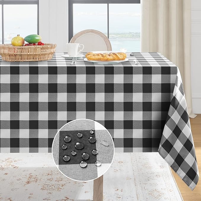 Softalker Gingham Checkered Tablecloth Rectangle - Outdoor Waterproof Buffalo Plaid Table Cloth, Stain Resistant Washable Table Cover for Picnic, Camping, Dining - Black and White, 54 x 120 Inch