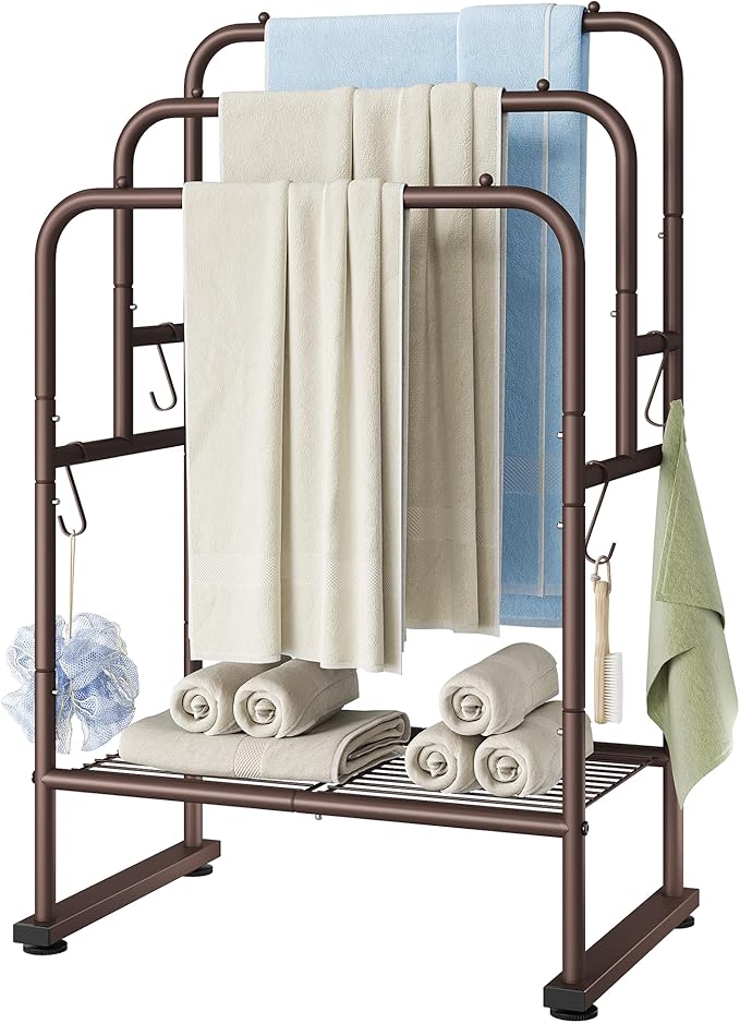 ELYKEN 40'' Tall Standing Towel Racks, 3 Tier Towel Drying Rack Outdoor, Pool Towel Stand Blanket Holder with Shelf & 4 Removable Hooks, Metal Freestanding Towel Racks for Bathroom, Smooth Silver