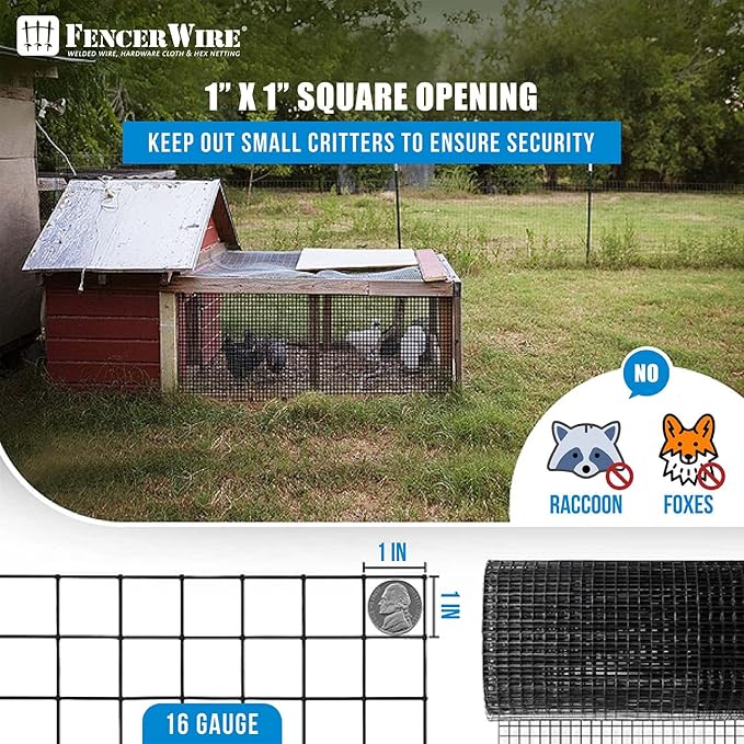 Fencer Wire 16 Gauge Black Vinyl Coated Welded Wire Mesh Size 1 inch by 1 inch for Home and Garden Fence, Protect Chickens Rabbits and Farmed Animals (c. 3 ft. x 50 ft.)