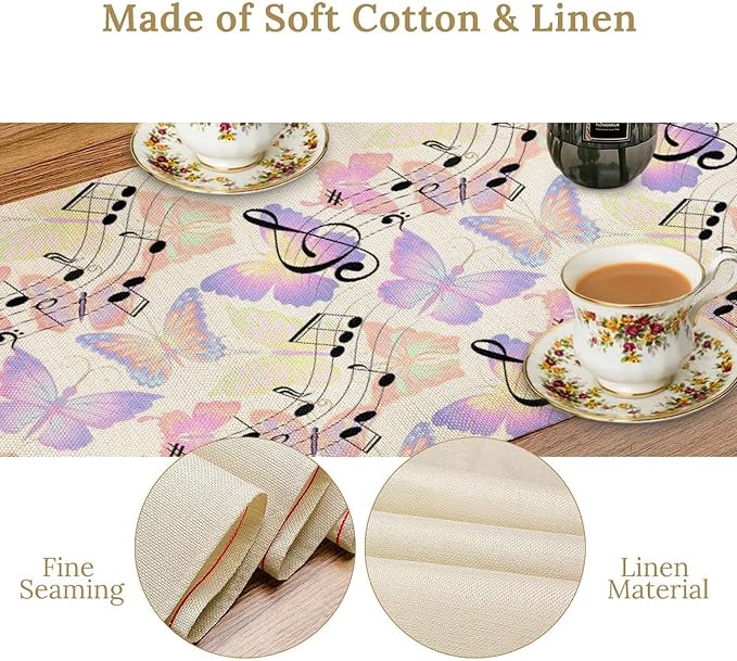 Music Butterfly Table Runner, Beautiful Musical Notes Spring Butterfly Background Print Table Runner for Holiday Kitchen Dining Outdoor Home Party 13x90in