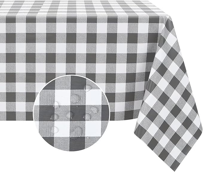 Romanstile Rectangle Vinyl Tablecloth, 100% Waterproof Buffalo Gingham Plastic Table Cloth, Heavy Duty Wipeable Checkered Table Covers for Outdoor, Camping, Picnic, Patio - 54 x 108, Grey and White