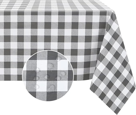Romanstile Square Vinyl Tablecloth, 100% Waterproof Buffalo Gingham Plastic Table Cloth, Heavy Duty Wipeable Checkered Table Covers for Outdoor, Camping, Picnic, Patio - 54 x 54, Grey and White