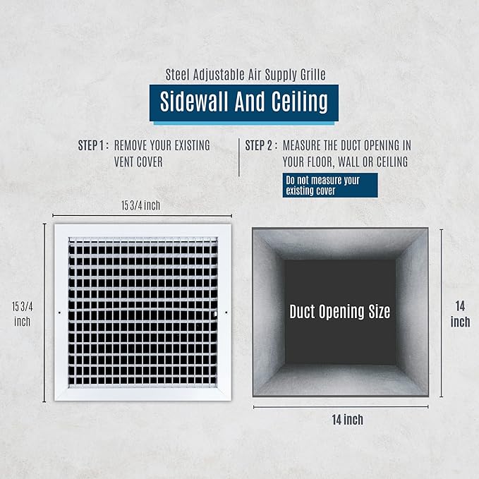 Fits 14x14 Duct Opening Steel Adjustable Air Supply Grille by Handua | Register Vent Cover Grill for Sidewall and Ceiling | White | Outer Dimensions: 15.75" X 15.75"