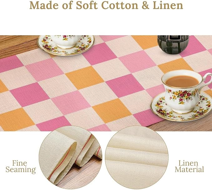 Pink Checkered Table Runner, Vintage 70s Abstract Cute Modern Hippie Table Runner for Party Kitchen Dining Home Outdoor 13x36in