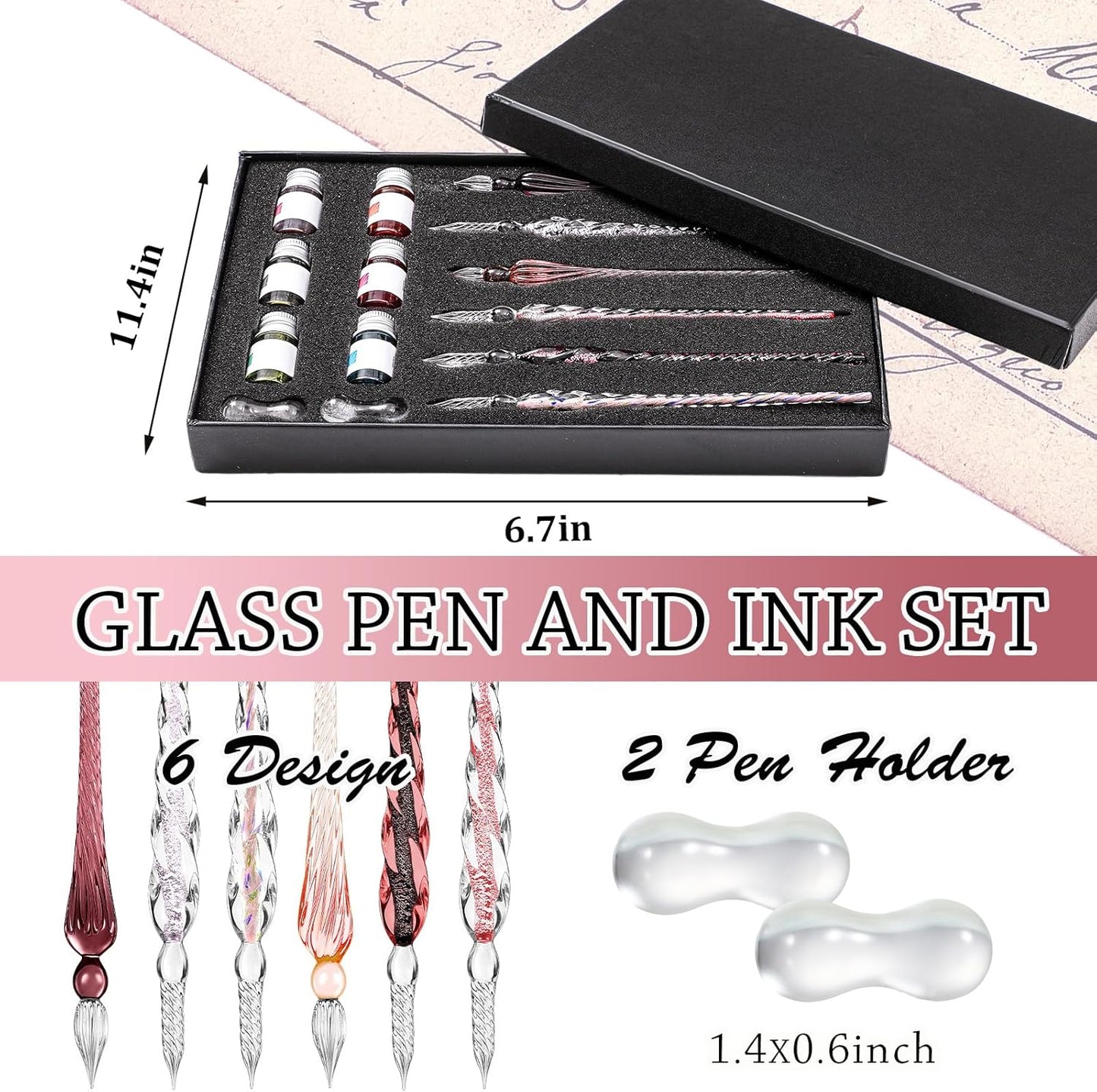 Zonon Glass Dipped Pen Ink Set 14 Pcs Include 6 Pcs Glass Dip Pen, 6 Colorful India Ink and 2 Holder Crystal Signature Calligraphy for Art, Writing, Signatures, Gift (Purple Pink Color System)