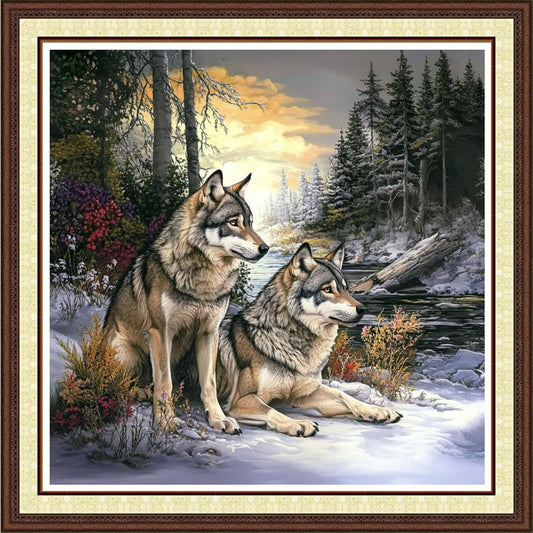 Findvoor Counted Cross Stitch Kits for Adults Full Range of Cross Stitching Embroidery Unprinted Pattern for Beginners, 11CT Needlepoint Kit Patterns Embroidery Kits-Forest Couple Wolf 18x18 inch