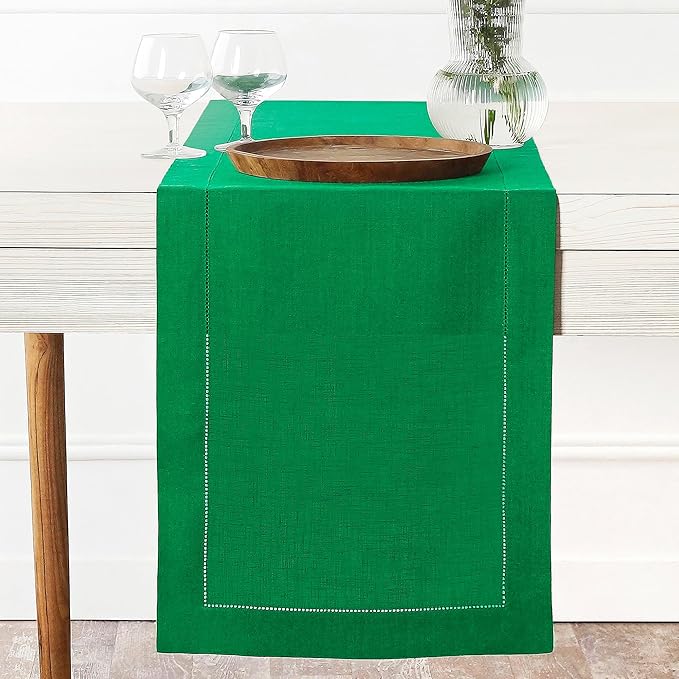 D'Moksha Homes Linen Kelly Green Table Runner 132 Inches Long - 100% Pure Linen Extra Long Table Runner 14 x 132 Inch for St Patricks Day, Easter - Classic Hemstitch