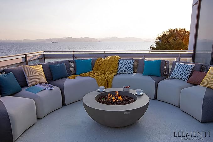 Elementi | Lunar Gas Fire Pit Cast Concrete 42" Round Fire Table, Outdoor Fire Pit Electronic Ignition | Canvas Cover, Lava Rock Included | Light Gray (Propane Gas)