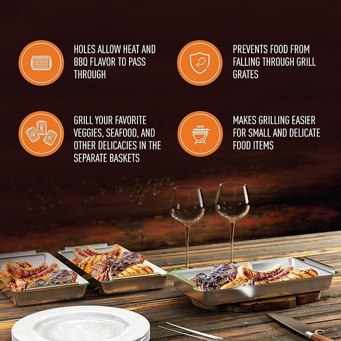 Yukon Glory BBQ Vegetable Grill Basket Set, Stainless Steel, 3 Baskets with Drip Tray & Removable Handle for Fish, Shrimp & Veggies