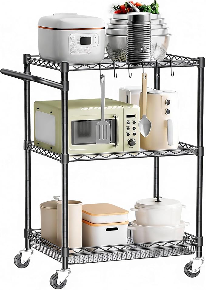 Rolling Utility Storage Carts with Wheels 3 Tier Heavy Duty Metal Cart 750Lbs Capacity Adjustable Kitchen Organizer Cart with Handle & Shelf Liner Commercial Grade Trolley for Indoor & Outdoor Use