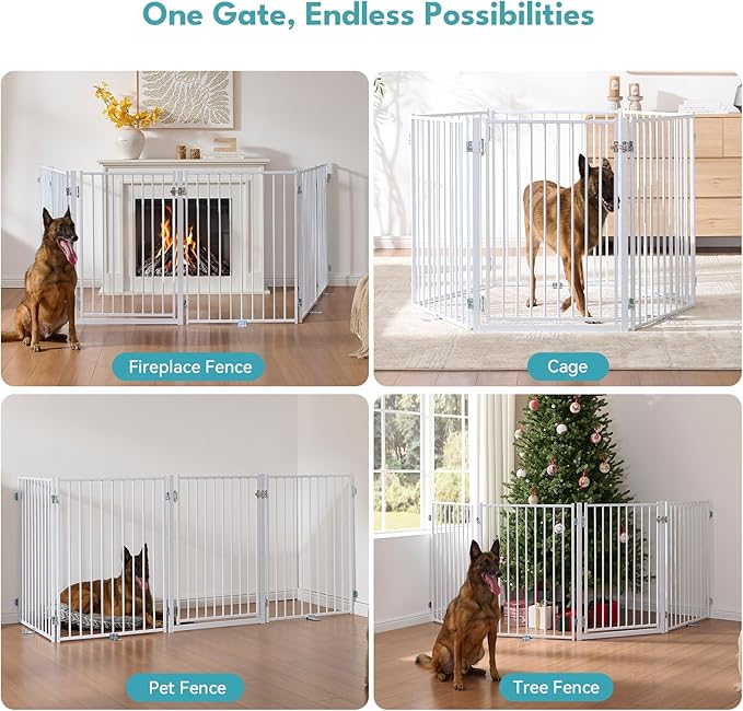 No Pawblems Free Standing Dog Gate with Door, 36'' Tall Foldable Dog Fence for Indoor & Outdoor, Up to 104 Inch Extra Wide Puppy Gate for Stairs, Hallways, Doorways, Deck, Yard (White, 4 Panels)