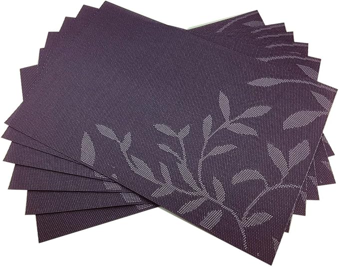 Gugrida Place Mats PVC Set of 6, Table Placemats Set of 6 PVC Woven Vinyl Place Mats Table Mats Natural Color (6 pcs, Purple Leaves)