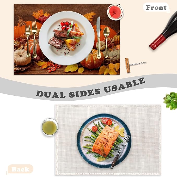 Orange Pumpkins Linen Placemats Set of 6,12x18 Inch Fall Thanksgiving Washable Table Mats Heat Resistant Place Mats for Home Party Kitchen Dining Decoration