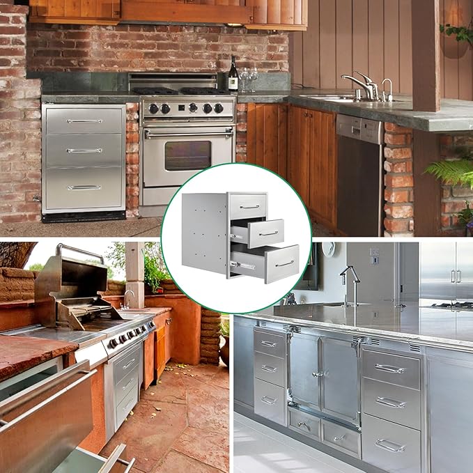 Outdoor Kitchen Drawers 14" W x 21" H x 21" D Stainless Steel Triple Drawers with Ergonomic Handle for BBQ Island, Patio Grill Station & Outdoor Kitchen Cabinets