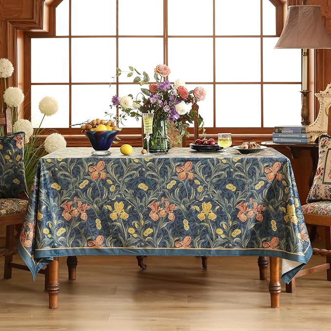 patdrea Designer Vintage Dark Blue Linen Rectangle Tablecloth,French Rustic Floral Pattern Tablecloths,Decorative Table Cover Cloth for Kitchen,Dining,Tea Party,Home,Christmas,63"*87"