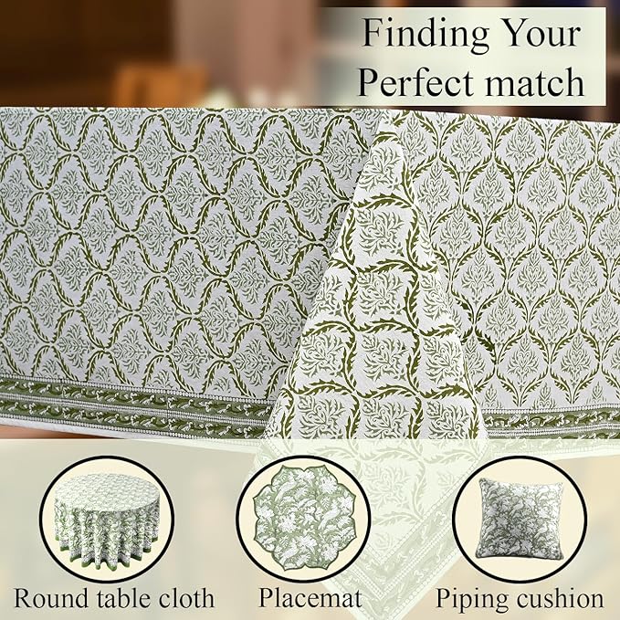 CPC Fern Regal Tablecloth 100% Cotton 60x60 Inch Indian Block Print Rectangle Table Cover, Table Cloth for Gifting in Weddings, Halloween, Fall, Christmas, Thanksgiving