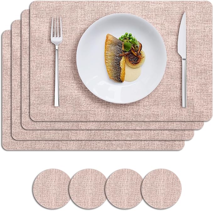 MOSAYT Faux Leather Placemats Set of 6, Heat Resistant Vinyl Place Mats with Coasters, Wipeable Washable Waterproof Oil Proof Table Mats for Kitchen Dining Indoor Outdoor, 12" x 17", Pink