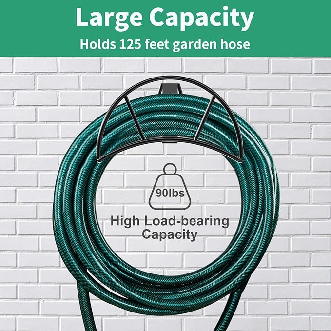 TomCare Garden Hose Holder Wall Mount Metal Water Hose Holder Holds 125Ft Hoses Heavy Duty Hose Hanger Sturdy Hoses Storage Organizer for Outside Yard Garden, Black