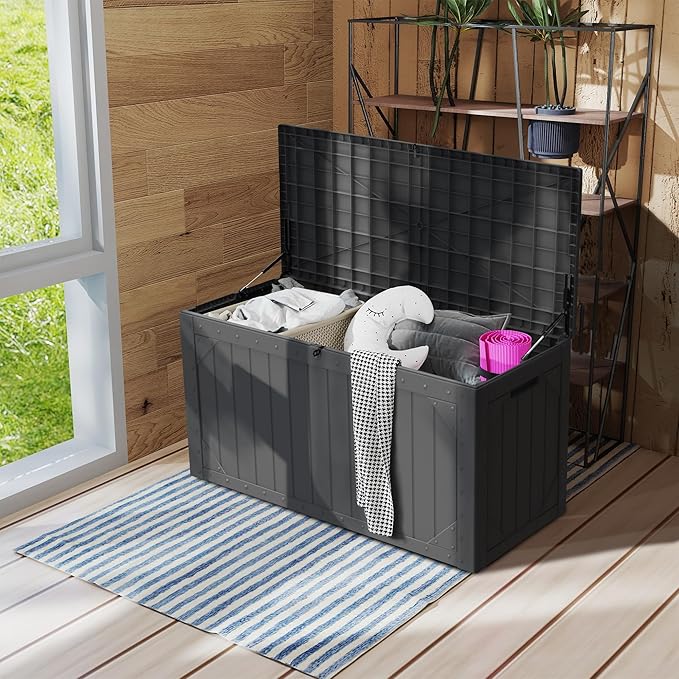 100 Gallon Outdoor Storage Box Waterproof,Resin Deck Box Storage Bin for Cushion Patio Furniture, Pool Accessories, and Garden Tools, Lockable & UV-Resistant, Black