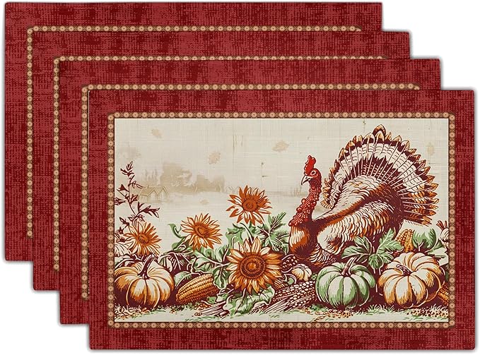Giwawa 4PCs Thanksgiving Placemats 12x18 Inch Fall Harvest Turkey Autumn Pumpkin Sunflowers Corn Place Mat Non Slip Heat Resistant Table Mats for Kitchen Dining Tabletop Holiday Farmhouse Decor