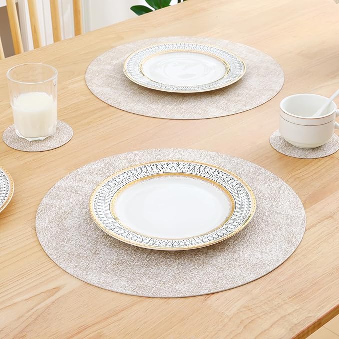 Homaxy Round Faux Leather Placemats and Coasters, Washable Dual-Side Table Mats, Wipeable Heat-Resistant Dining Place Mats for Outdoor and Indoor, Set of 4, Diameter 13 and 3.93 inch, Beige