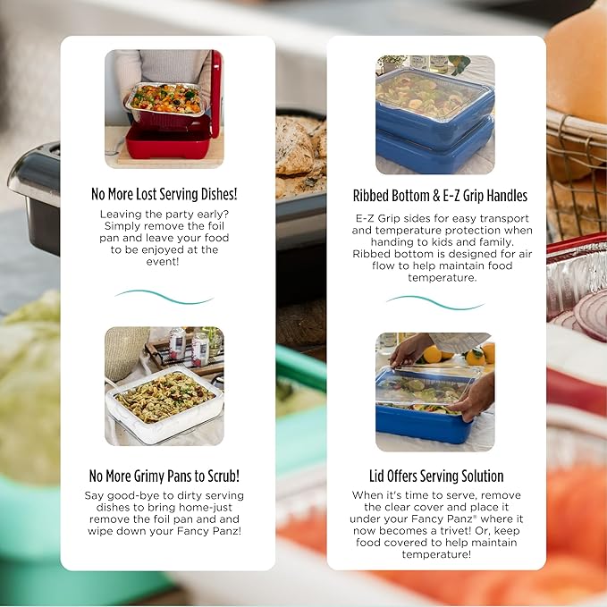 Fancy Panz - Denim Blue Classic Aluminum Foil Pan Carrier with Lid - Elevated Food Serving Tray - Portable Casserole Carrier with Lid - Made in The USA Hosting Essentials